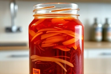 Kimchi fermentation cross-section, rich red hues, optimal temperature glow.