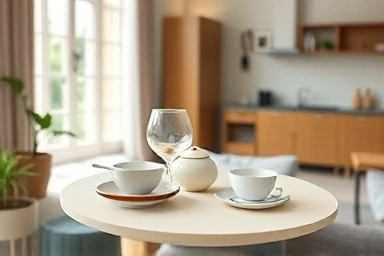 Elegant dining table with minimalist dishware for newlyweds.