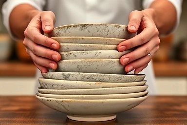 Close-up of hands arranging stylish ceramic tableware.