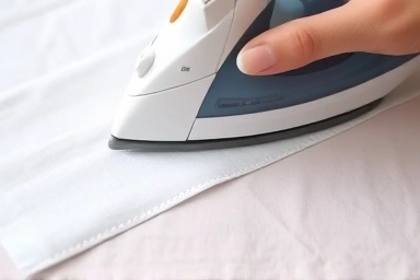 Ironing fabric with hemming tape for a no-sew finish.