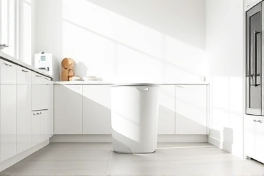 Modern kitchen with a clean, odorless trash can.