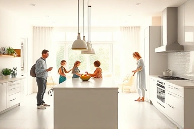 Modern open-plan kitchen with family interaction.