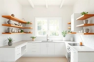 Modern kitchen with open shelves, no upper cabinets, bright and airy.