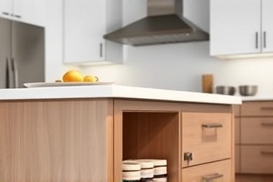 Kitchen island with storage, sleek range hood, smart kitchen solutions.