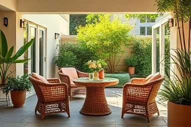 Serene patio with rattan furniture, lush greenery, and ambient lighting.