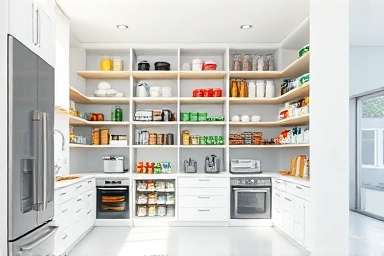 Modern kitchen with organized pantry system shelving
