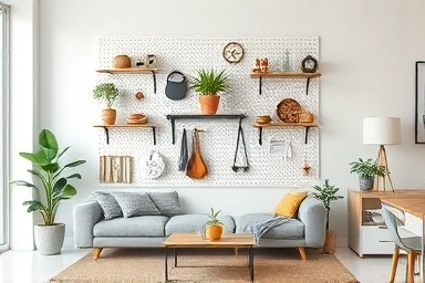 Modern pegboard organizer in a minimalist living room.