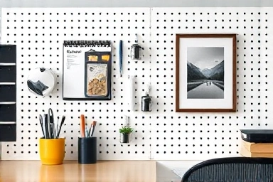 Desk organization with a pegboard partition and office supplies.