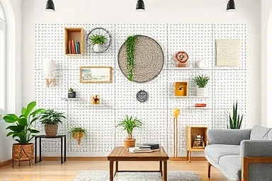 Modern living room with organized pegboard wall art