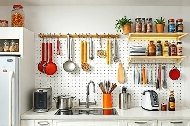Organized kitchen pegboard with utensils and spices