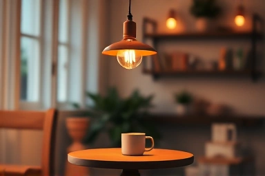 Cozy home cafe corner with warm pendant light.