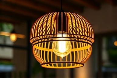 Stylish pendant light fixture in minimalist home cafe.