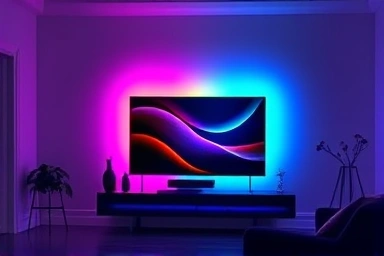 Philips Hue gradient light strip creating immersive ambiance behind TV.