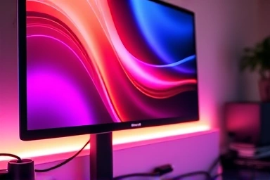 Philips Hue gradient light strip enhancing monitor setup for gaming/work.