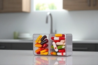 Modern pill organizer on kitchen counter with vitamins.