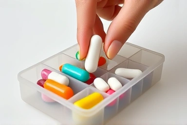 Hand organizing vitamins into a segmented pill box.