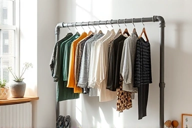 Stylish pipe clothing rack in a minimalist interior