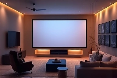 Modern living room transformed into a home theater with projector screen.