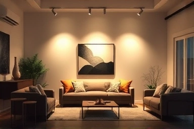 Minimalist living room with angled track lighting highlighting art.