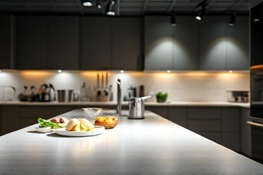 Kitchen counter illuminated by focused track lighting for task work.