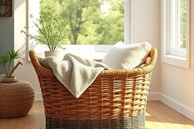 Handmade rattan basket in a cozy living room