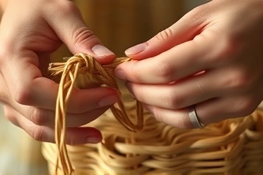 Hands weaving a rattan basket, close-up detail