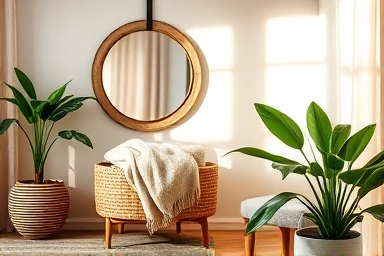Cozy living room with rattan basket and mirror