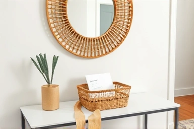 Entryway decor with rattan basket and mirror
