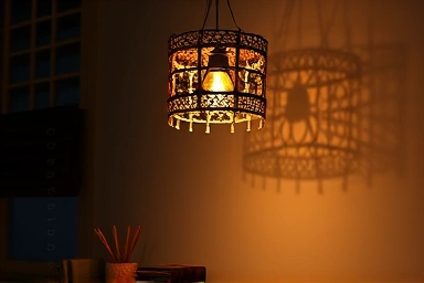Handmade rattan pendant lamp casting warm shadows in a cozy room.