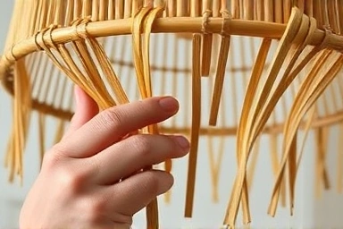 Hands weaving natural rattan strips to create a lamp shade.