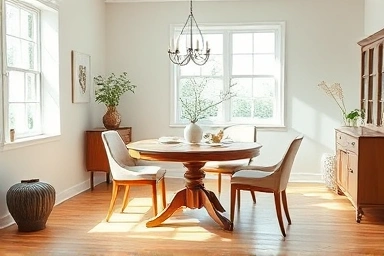 Bright dining room with a well-sized round dining table.