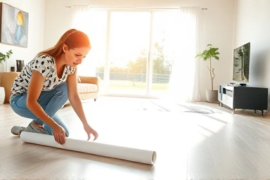 Woman installing vinyl flooring, DIY home improvement