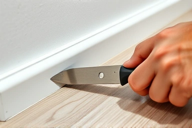Close-up of precise flooring cut with a utility knife