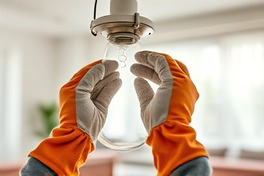 Hands installing light fixture with safety gloves