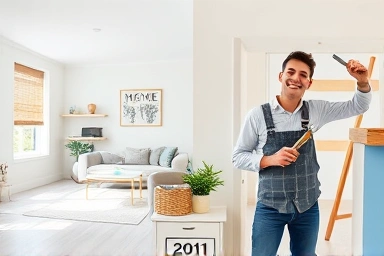 Stylish semi-DIY home interior with person working on project.