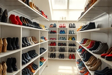 Organized shoe closet with ample space and neat shoe arrangement.