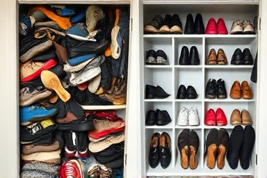 Before and after of a shoe closet transformation to organized.