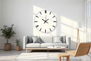 Modern silent wall clock in a calm living room.