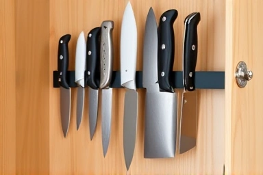 Magnetic knife strip inside kitchen cabinet door