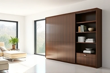 Modern living room with a sliding bookshelf maximizing space