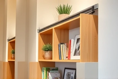 Close-up of a sliding bookshelf mechanism and storage