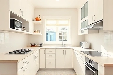 Organized small kitchen with efficient layout and ample storage.
