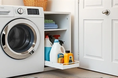 Slim pull-out storage for laundry room gaps.