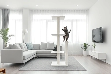 Modern living room with space-saving cat tree and playful cat.