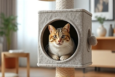 Cat relaxing in a hidden cubby of a vertical cat pole.