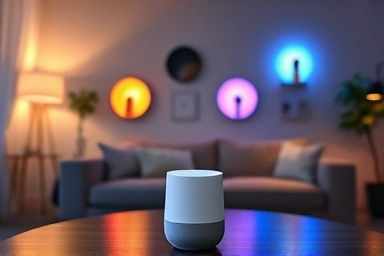 Modern living room with smart lights and Google Home