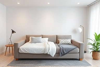 Sofa bed in a modern living room, space-saving furniture