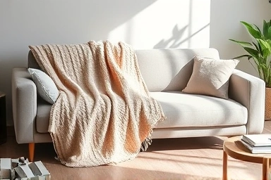 Cozy living room with stylish sofa and textured blanket.