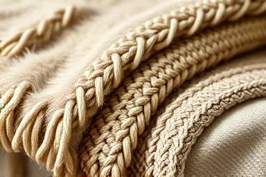 Close-up of luxurious sofa blanket textures: faux fur, knit, cotton.