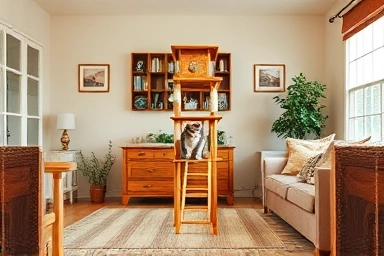 Sturdy wooden cat tree in a cozy living room with a happy cat.